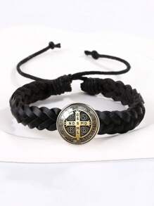 1pc Saint Benedict Medal Leather Bracelet, Adjustable Woven Rope Bracelet For Men - Bracelet - View 15