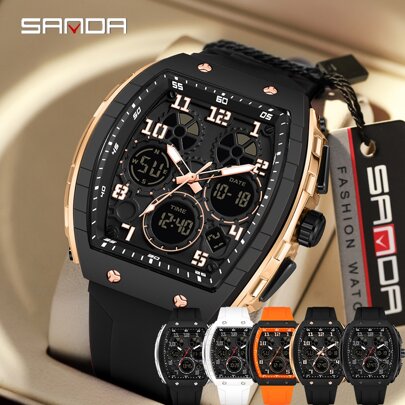 SANDA Reloj de hombre SANDA, reloj de pulsera digital de cuarzo con función de doble tiempo, militar, deportivo, de marca de lujo, multifunción, alarma, fecha, semana, cronómetro, correa de silicona, resistente al agua, regalo electrónico para hombre 6157