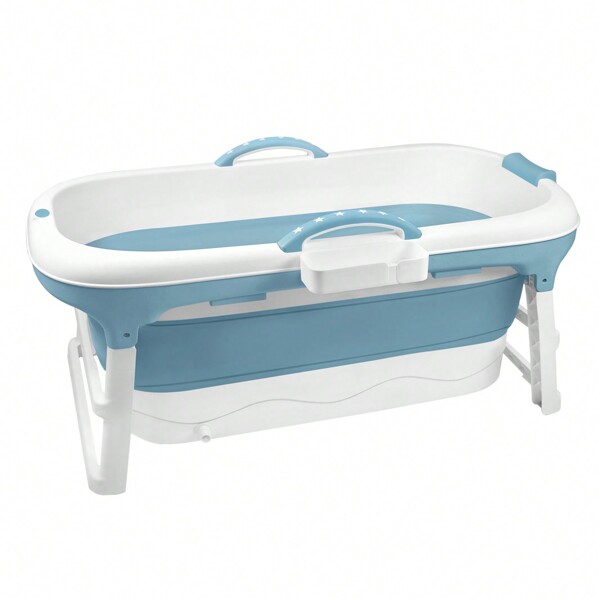 YUENFONG Składana wanna 112 x 62 x 52 cm/128 x 62 x 52 cm/148 x 62 x 53 cm, idealna do łazienki, prysznica i balkonu, z pokrywą i rolkami masującymi, koszem na mydło, przenośną wanną z grubego plastiku - niebieska