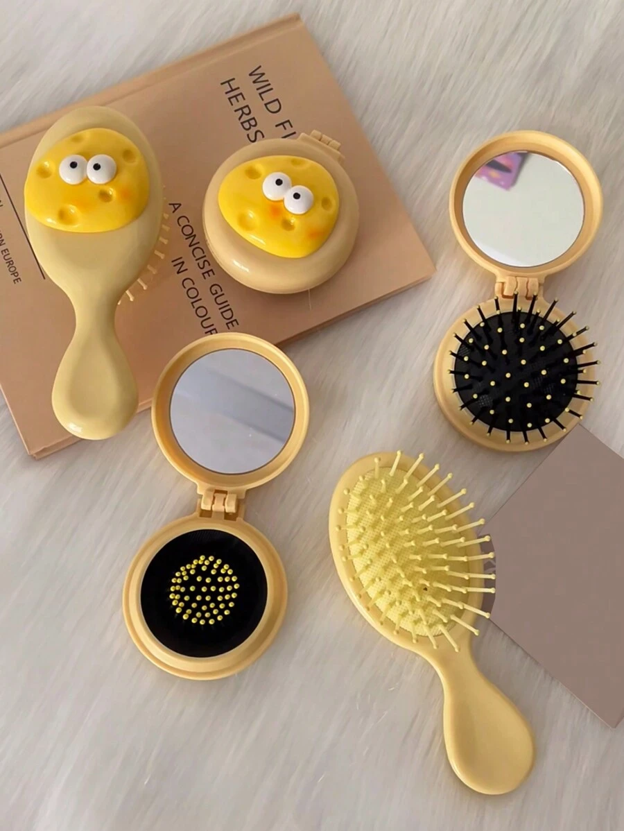 1 pieza Peine cojín de aire en forma de queso de dibujos animados y peine espejo plegable, peine mini portátil con cepillo de pelo y espejo de maquillaje incorporado.,herramientas para el cabello peines peine pelo cepillo pelo de peines cepillo pelo - Amarillo - Ver 1