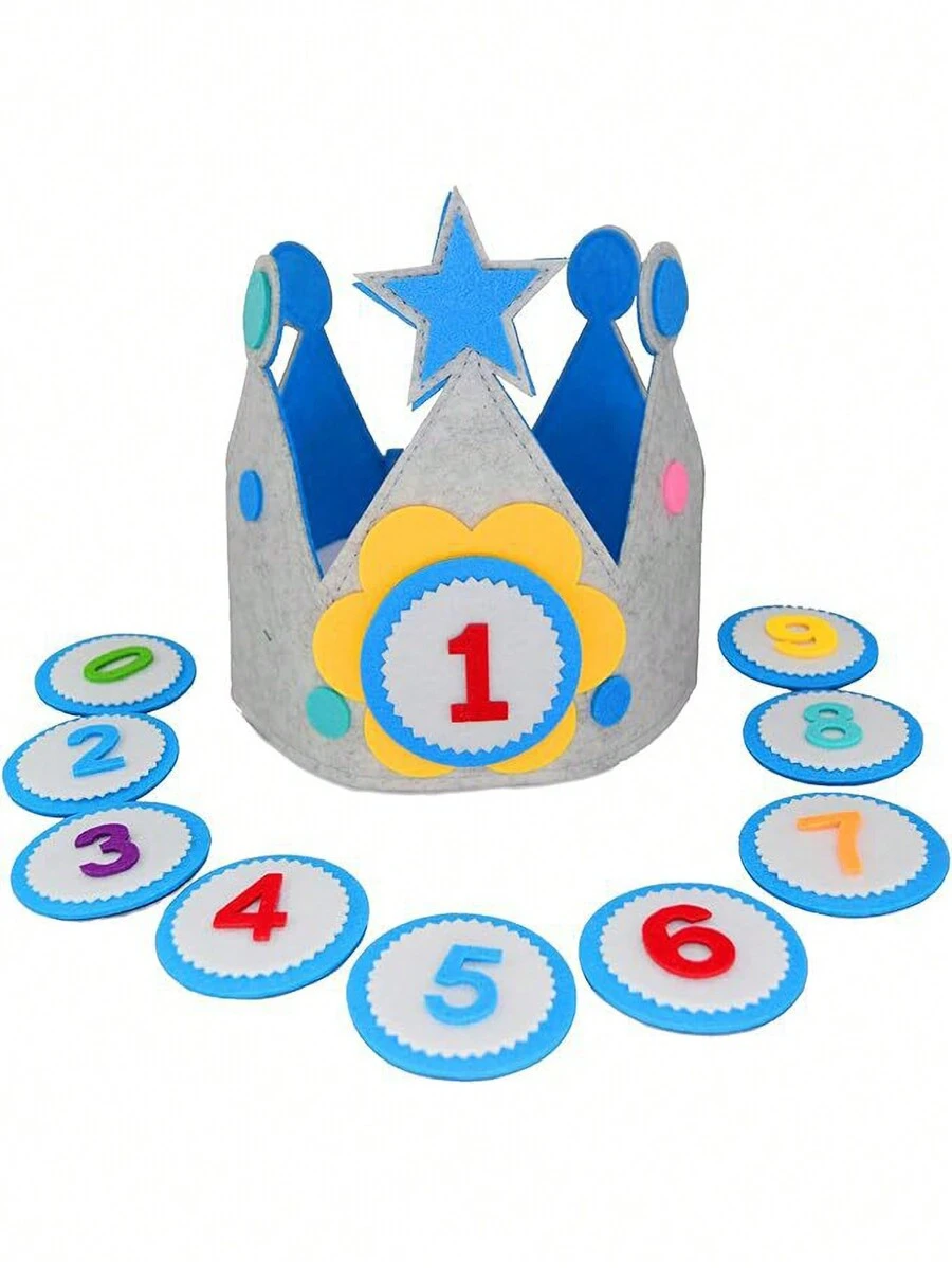 1 set Sombrero corona de números de fieltro, sombrero ajustable con flores de dibujos animados para niños, colores aleatorios para cada componente, regalo para baby shower o pascua para niñas/niños - Azul - Ver 1