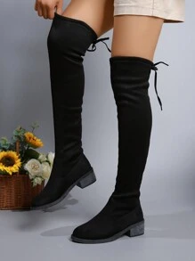 Women's Black Low Heel Slim Leg Over-The-Knee Pointed Toe Rider Boots For Fall & Winter - Black - View 6
