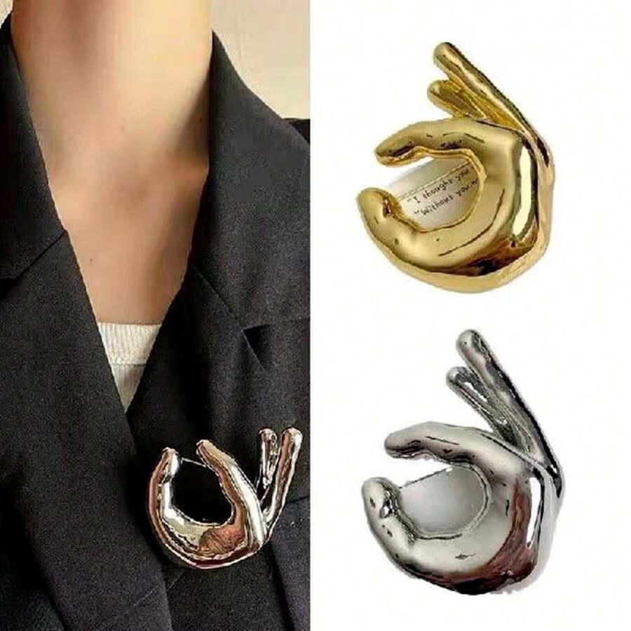 1pc Vintage OK Hand Sign Brooch, Couples Personalized Metal Polished Apparel Accessory - Multicolor - View 1