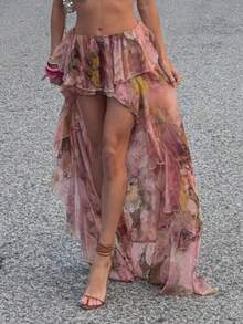 度假花卉印花荷叶边女式半身裙时尚性感半透视长裙复古优雅海滩派对下装春季