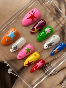 10 pièces Nail Art fait main, Nail Art de couleur dopamine en forme d'amande, design peint à la main avec motif étoilé, Nail Art quotidien, Nail Art créatif mignon et chaud de l'amour tridimensionnel pour filles mignonnes, Nail Art de dessin animé mignon et cool, Nail Art senior unique et mignon, Ongles de printemps, Ongles d'été