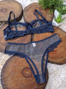 Lingerie Set Without Underwire With Invisible Tulle Sensual Panties Comfortable Bra Margareth Sexy Lingerie Adjustable Straps - 藏蓝色 - 查看 2