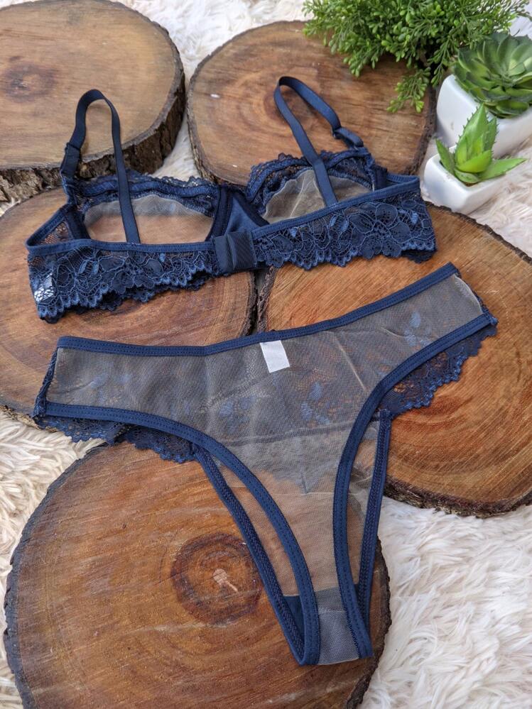 Lingerie Set Without Underwire With Invisible Tulle Sensual Panties Comfortable Bra Margareth Sexy Lingerie Adjustable Straps - Navy Blue - View 2