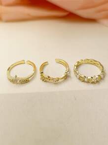 Set de 3 anillos abiertos ajustables con diseño de corona cruzada, de aleación de cobre y circonita cúbica y perla falsa, adecuados para uso diario de mujeres - Amarillo Oro - Ver 2
