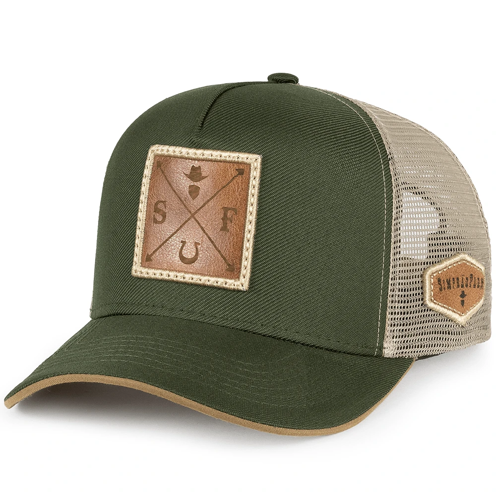 Simprão Country Style Farmer Cap Curved Brim Back Adjustment Red Mesh - 綠色/焦糖色 - 查看 1