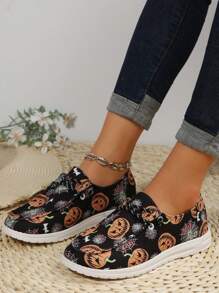 女士万圣节南瓜、蜘蛛、幽灵印花乐福鞋，平底，舒适 EVA 鞋底，时尚休闲鞋 - 黑色 - 查看 3