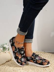 女士万圣节南瓜、蜘蛛、幽灵印花乐福鞋，平底，舒适 EVA 鞋底，时尚休闲鞋 - 黑色 - 查看 6