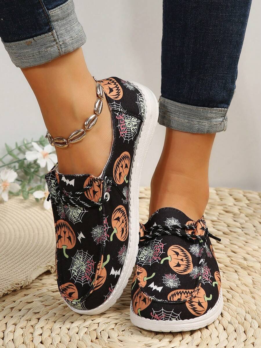 女士万圣节南瓜、蜘蛛、幽灵印花乐福鞋，平底，舒适 EVA 鞋底，时尚休闲鞋 - 黑色 - 查看 1