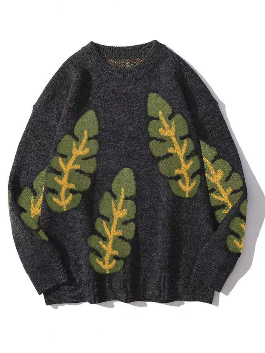 Men Leaf Pattern Drop Shoulder Sweater For Dailywear - Dark Grey - View 1