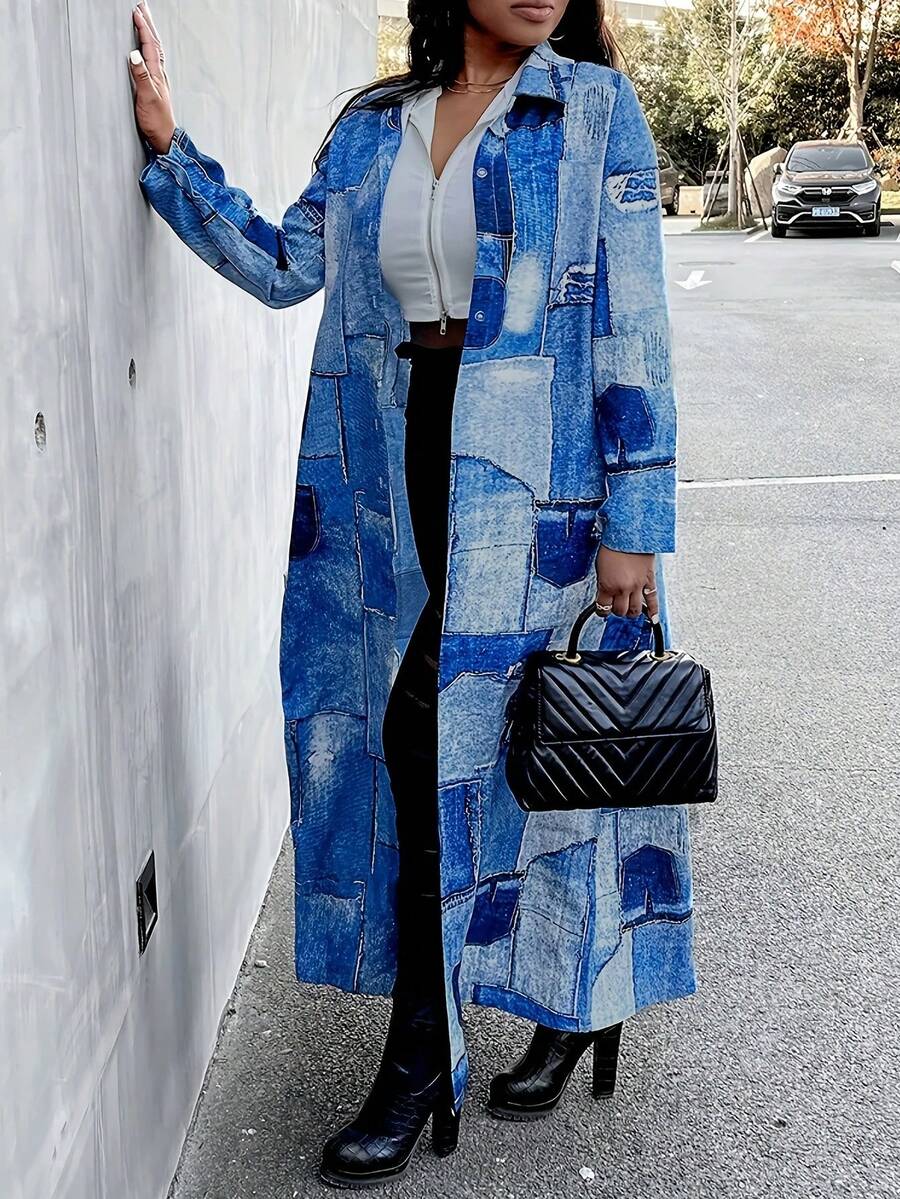 1pc Vestido longo de manga comprida com estampa floral e gola