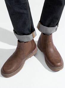 SHOESMALL Men's Retro Chelsea Boots Casual Vintage Fashion Brown Boots Slip On Vintage British Style All-Match Short Boots - AMY8121A-棕色 - 查看 2