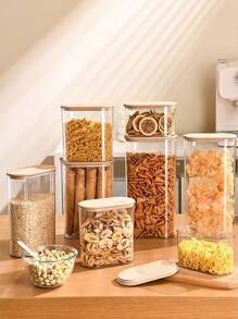 1 pezzo/2 pezzi Vaso sigillato trasparente con coperchio in bambù, contenitore per alimenti di grande capacità, dispenser per cereali, per conservare cereali, riso, pasta e snack in cucina