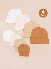 4pcs/Set Solid Color Newborn Baby Hat + Scratch Mittens Suit, 0-3 Months, Extremely Soft And Comfortable, Great Gift For Newborns - 彩色 - 查看 6