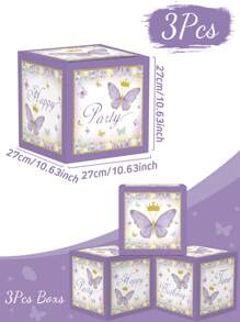 3pcs/Set 27cm Purple Butterfly Style Birthday Party Background Decorative Box, Butterfly Theme Happy Birthday Party Room Wall Background Decoration Supplies, Birthday Babe Shower Balloon Storage Box
