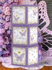 3pcs/Set 27cm Purple Butterfly Style Birthday Party Background Decorative Box, Butterfly Theme Happy Birthday Party Room Wall Background Decoration Supplies, Birthday Babe Shower Balloon Storage Box