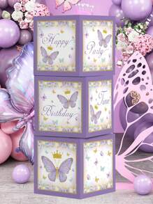 3pcs/Set 27cm Purple Butterfly Style Birthday Party Background Decorative Box, Butterfly Theme Happy Birthday Party Room Wall Background Decoration Supplies, Birthday Babe Shower Balloon Storage Box