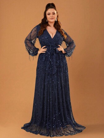 YISIKADO Vestido largo elegante de noche para mujer talla grande con lentejuelas y flecos, vestido maxi con cuello en V profundo de malla, vestido de fiesta de graduación con cinturón y manga larga para cena de boda