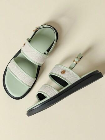 厚底系带厚底凉鞋，拼色系带设计，户外，沙滩，防滑，舒适，坡跟，软底，新款夏季罗马鞋