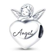 1 pieza Colgante con forma de corazón de Cupido plateado con dijes de ángel bebé, cuentas de vidrio redondas de colores y dije con estampado de cielo estrellado como accesorio para pulseras, brazaletes, collares y joyería de mujer como regalo - Plateado - Ver 11