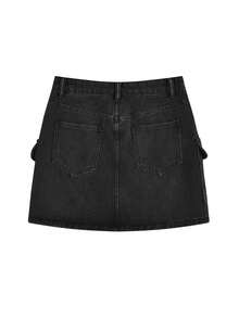 夏季休闲牛仔裙，带口袋和纽扣 - 黑色 - 查看 2