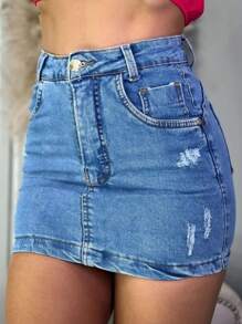 Women's High Waist Denim Skirt - Rửa trung bình - Xem 1