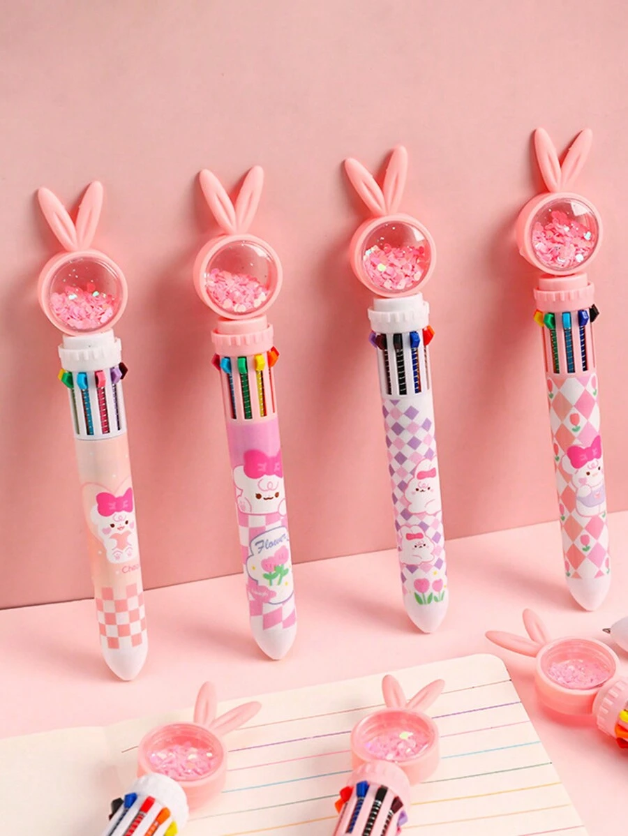 4pcs/Set Random 10 Colors Cartoon Rabbit Style Ballpoint Pen With Sequin Decoration, Multicolor Stationery Set