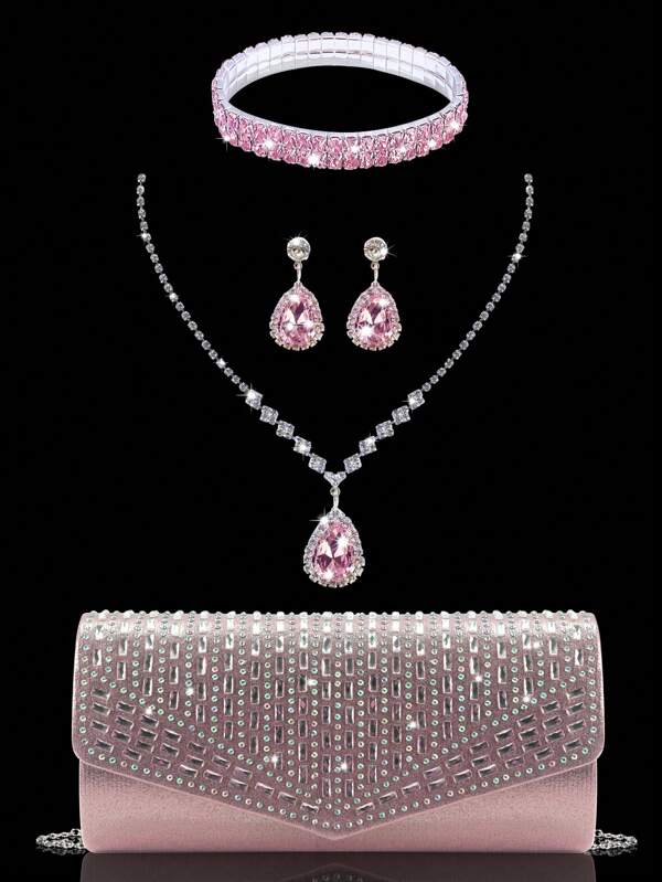 Bolso de mano de noche para mujer con adornos de lujo de strass, juego con pulsera, collar y aretes de strass. Bolso de hombro y bandolera elegante y estiloso para fiestas, damas, novias. Bolso perfecto y encantador para vestidos de noche, fiestas, bodas, cenas/banquetes. Mejor regalo para Año Nuevo y Día de San Valentín.