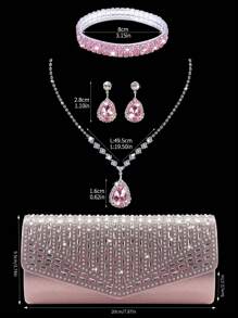 Bolso de mano de noche para mujer con adornos de lujo de strass, juego con pulsera, collar y aretes de strass. Bolso de hombro y bandolera elegante y estiloso para fiestas, damas, novias. Bolso perfecto y encantador para vestidos de noche, fiestas, bodas, cenas/banquetes. Mejor regalo para Año Nuevo y Día de San Valentín.