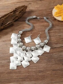 2 piezas Aretes y 1 pieza Collar de cadena con bloque de cuentas geométricas multicapa con borla, conjunto de joyas casuales para fiesta en la playa para mujeres - Estrella - Ver 12