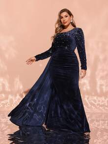 Plus Size Asymmetrical Neck Velvet Studded Evening Dress, Long Sleeve Formal Prom Gown, For Wedding Guest, Graduation, Dinner