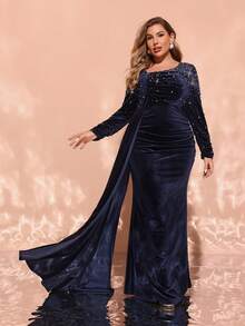 Plus Size Asymmetrical Neck Velvet Studded Evening Dress, Long Sleeve Formal Prom Gown, For Wedding Guest, Graduation, Dinner