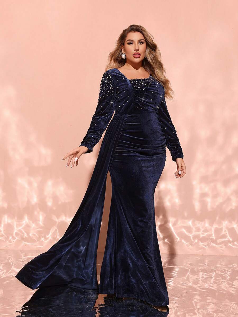 Plus Size Asymmetrical Neck Velvet Studded Evening Dress, Long Sleeve Formal Prom Gown, For Wedding Guest, Graduation, Dinner