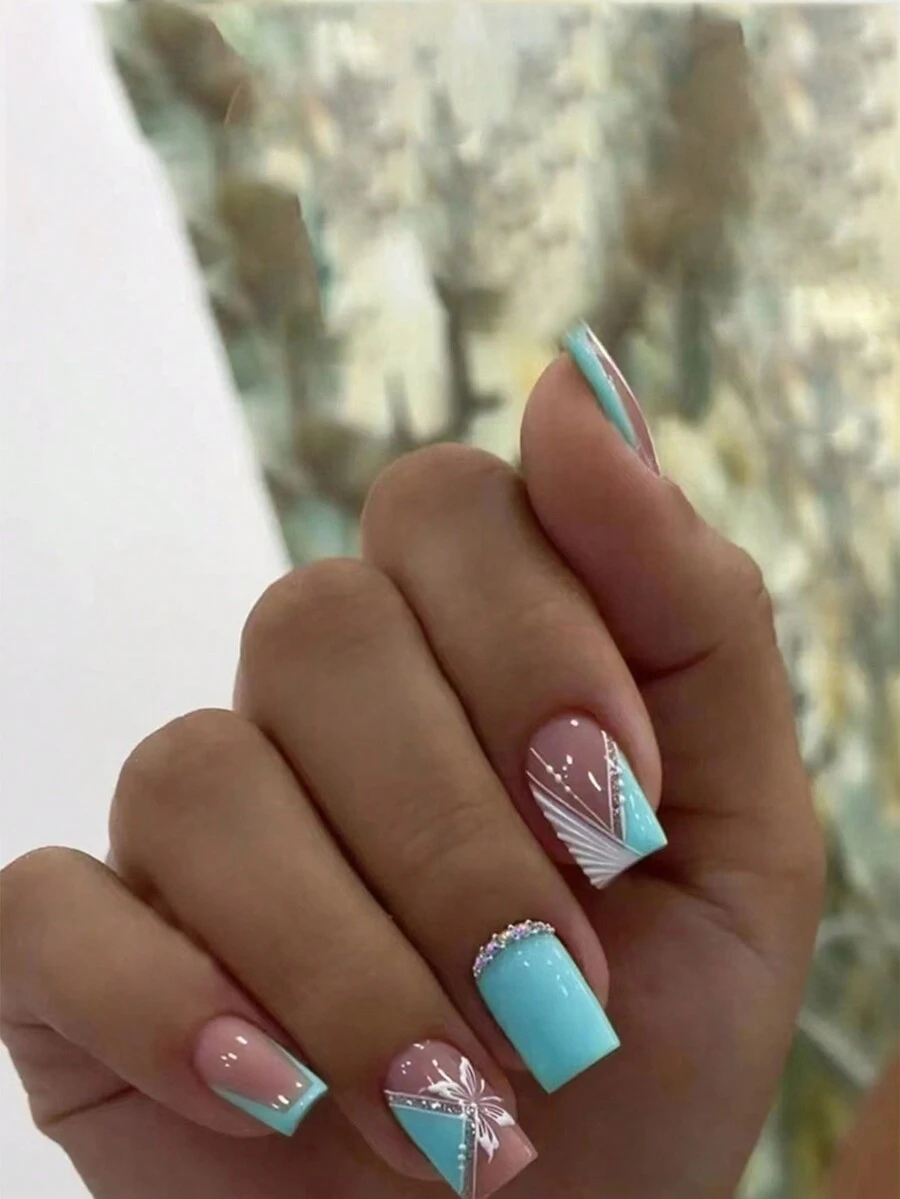 24 件短方形法式简约线条蝴蝶设计指甲贴纸、1 个指甲锉、1 件果冻指甲胶 - 彩色 - 查看 1