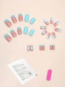 24 件短方形法式简约线条蝴蝶设计指甲贴纸、1 个指甲锉、1 件果冻指甲胶 - 彩色 - 查看 2