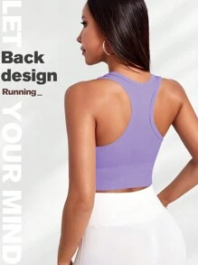 Yefecy Sujetador deportivo de punto acanalado de unicolor básico, sujetador deportivo inalámbrico con recogida a prueba de golpes para mujer, ropa deportiva para mujer, primavera/verano - Morado - Ver 4