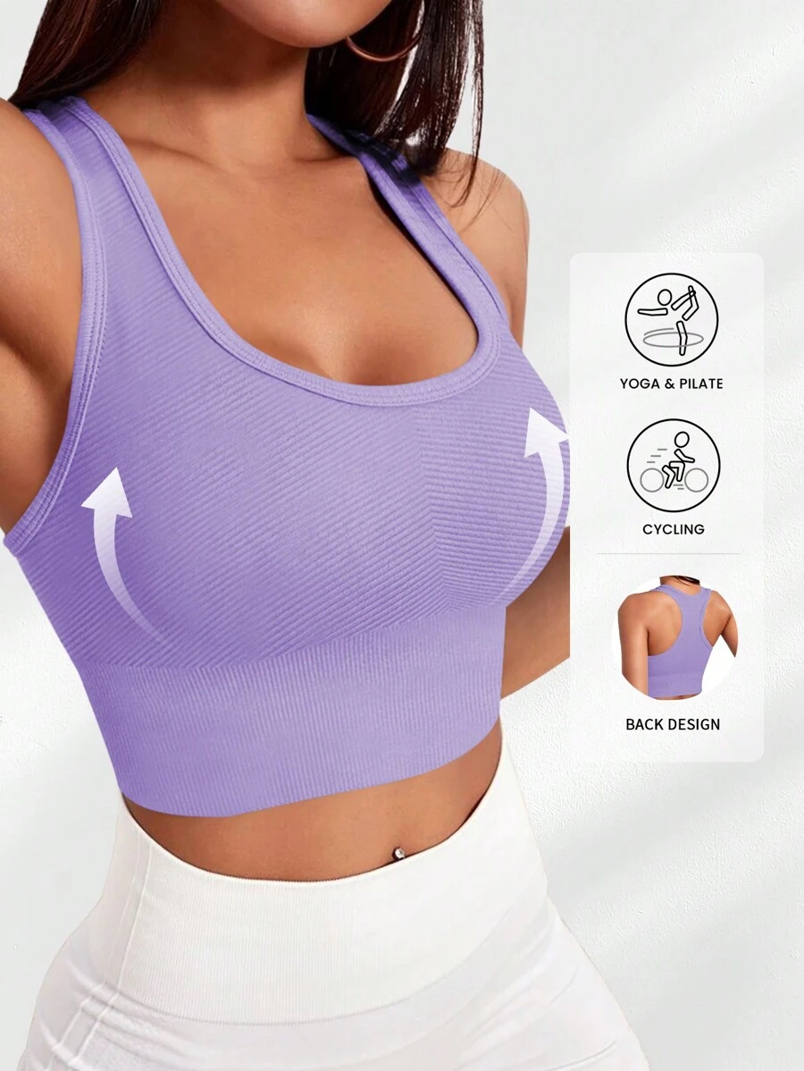 Yefecy Sujetador deportivo de punto acanalado de unicolor básico, sujetador deportivo inalámbrico con recogida a prueba de golpes para mujer, ropa deportiva para mujer, primavera/verano