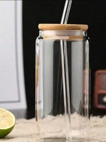 1pc 400ml/550ml Simple Transparent Cylindrical Large-Capacity Straw Glass With Lid, Hotel Restaurant Lemonade Milk Tea Cola Drink Cup, Office Home Daily Life Multi-Purpose Drinking Cup - Multicolor - View 12