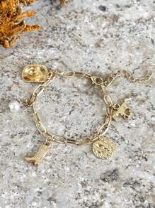 1 件女牛仔靴、女牛仔帽、几何和珍珠吊饰链式手链 - 金色 - 查看 1