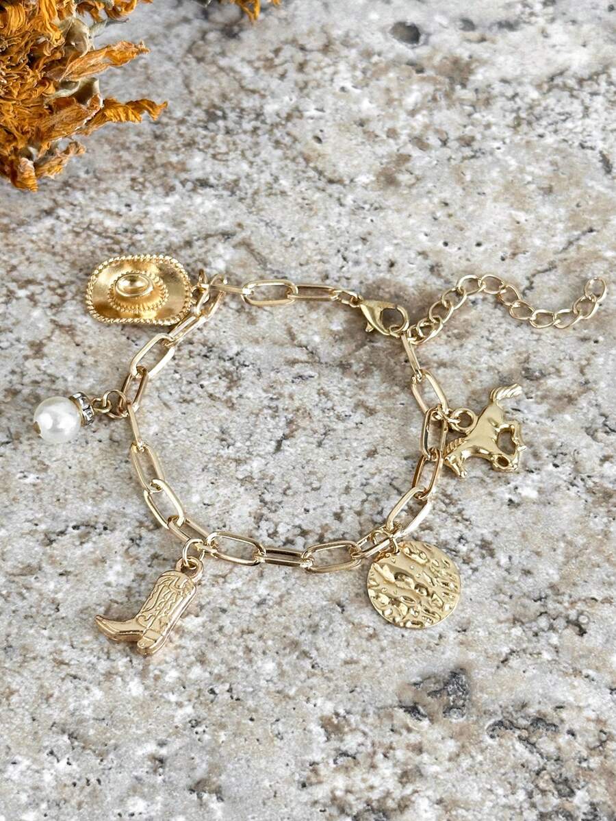 1 件女牛仔靴、女牛仔帽、几何和珍珠吊饰链式手链 - 金色 - 查看 1