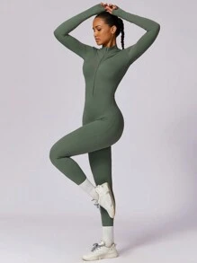 MASKERT 女士长袖紧身连体裤，高弹力，运动瑜伽裤，修身，舒适亲肤塑身衣 - 0.霧綠 - 查看 6