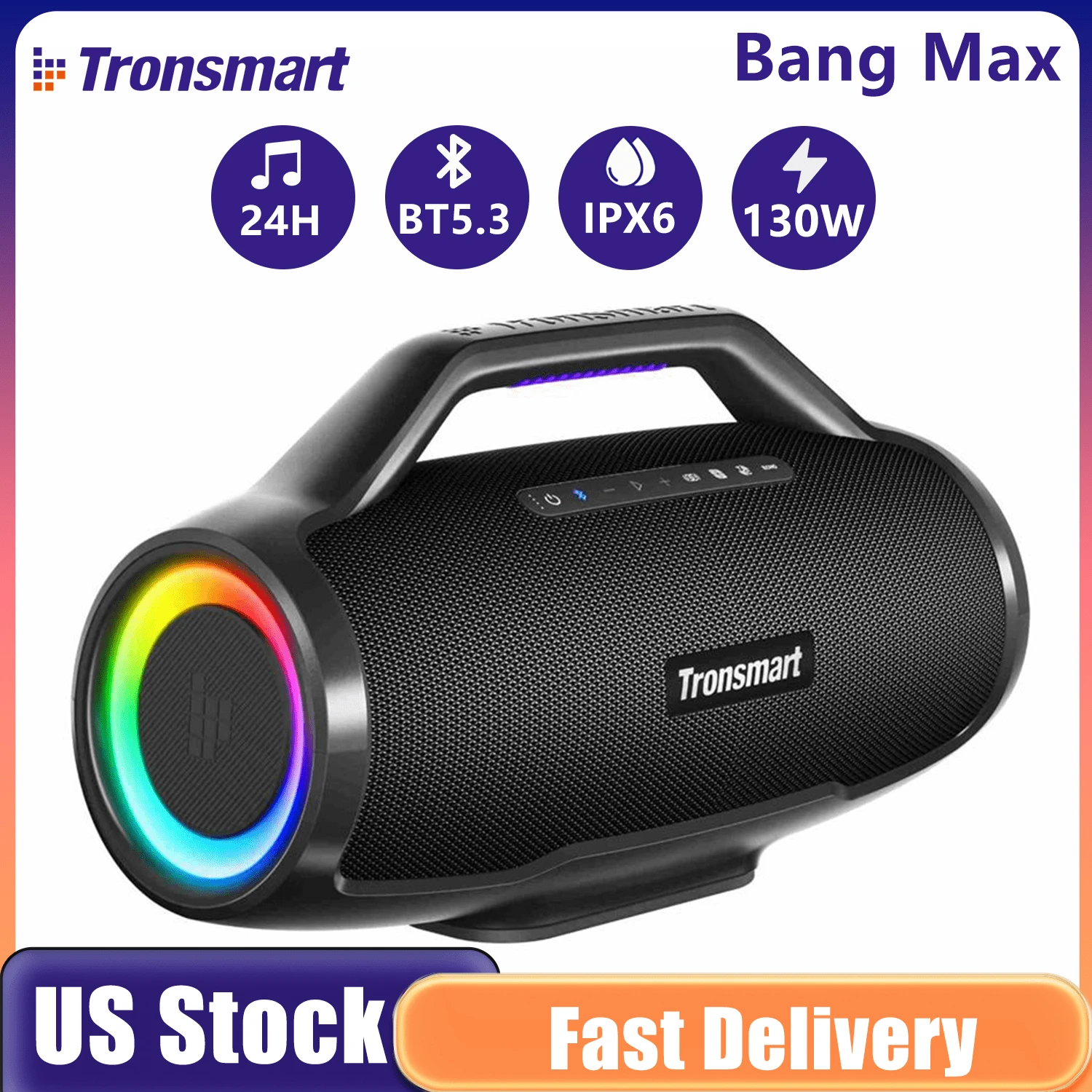 Tronsmart Bang Max Altavoz Bluetooth portátil, potente altavoz de 130 W con graves profundos, sincronización de fiesta, IPX6 resistente al agua, tiempo de reproducción 24 horas, ecualizador personalizado y espectáculo de luces, altavoz portátil con asa para exteriores - Negro - Ver 1