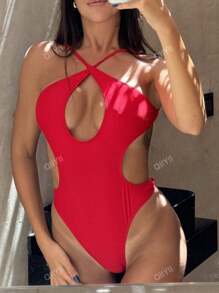 Traje de baño de una pieza con tirantes finos de nailon rojo, diseño de corte hueco para mujer, para usar en la playa en verano