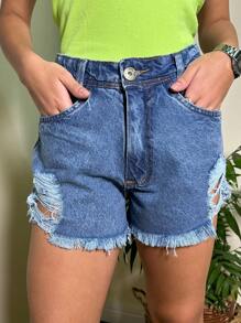 SHORTS JEANS DESFIADO - Azul - Visão 1