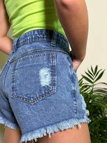 SHORTS JEANS DESFIADO - Azul - Visão 3