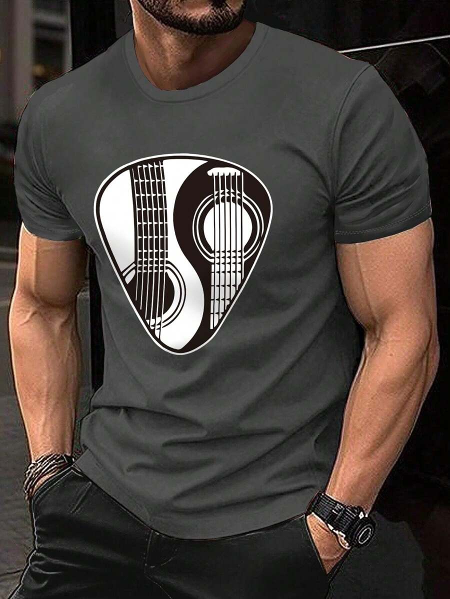 男士休闲吉他印花圆领短袖 T 恤，夏季