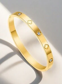 1 件男士 18K 镀金椭圆形不锈钢手链，镶嵌方晶锆石，设计师珠宝，青少年礼物 - 金色 - 查看 4